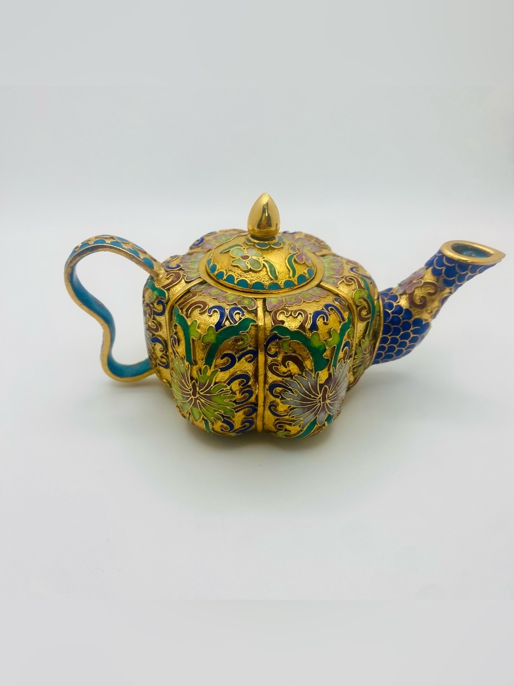 Vintage Floral Cloisonné Miniature "Pumpkin" Teapot